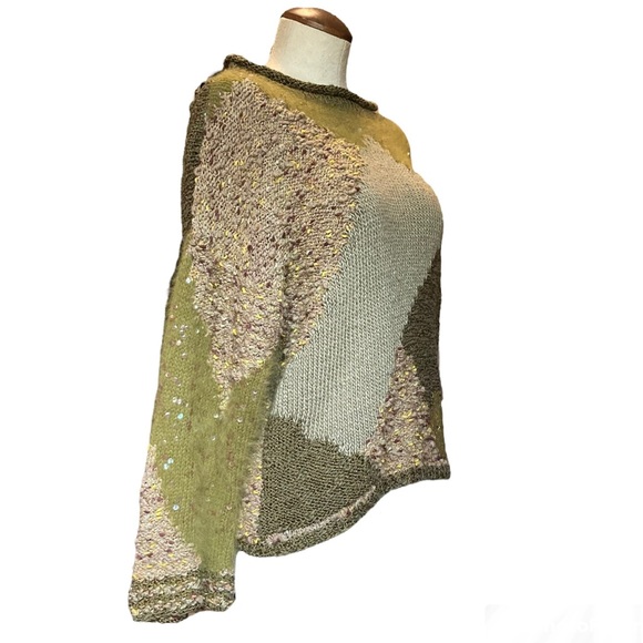 Knitting Needles multimedia sweater. Sequined & color blocked design. Sz L Green - Picture 3 of 7